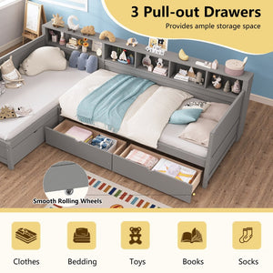 English Elm Twin Corner Daybed with Storage Drawers Bookshelf Wood L-shape Frame for Small Rooms Grey N733S369272E