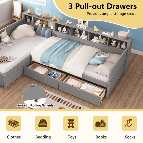 English Elm Twin Corner Daybed with Storage Drawers Bookshelf Wood L-shape Frame for Small Rooms Grey N733S369272E