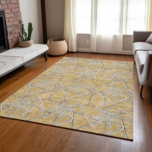 Homeroots 3' Stylish Geometric Washable Area Rug For Indoor And Outdoor Spaces - Durable & Easy To Clean! Gold Polyester 612802