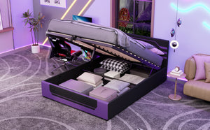 English Elm Modern Cyberpunk Queen Platform Bed Hydraulic Storage Pu Upholstered Gaming Frame Purple+Black SF000205AAI