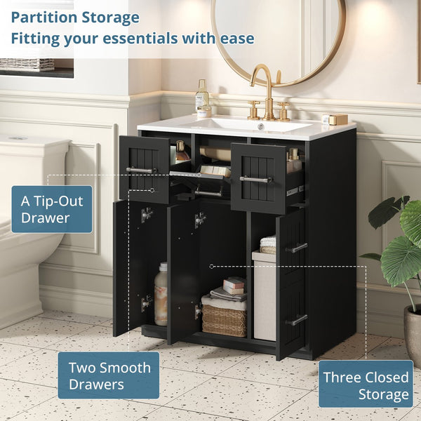 English Elm 30inch Bathroom Vanity with Undermount Sink, Tip-Out Tray, Soft-Close Doors, Spacious Drawers & Handles Black N710P331580B