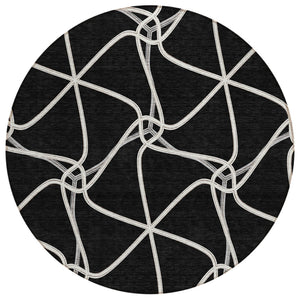 HomeRoots 5' Black and Ivory Geometric Area Rug - Durable, Washable, Indoor/Outdoor, Perfect for High Traffic Areas 8' Round 612853