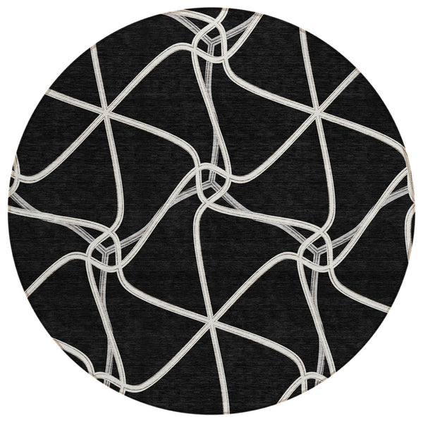 HomeRoots 5' Black and Ivory Geometric Area Rug - Durable, Washable, Indoor/Outdoor, Perfect for High Traffic Areas 8' Round 612853