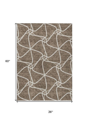 Homeroots 3' X 5' Stylish Geometric Washable Area Rug For Indoor And Outdoor Spaces – Durable & Versatile Brown Polyester 612857