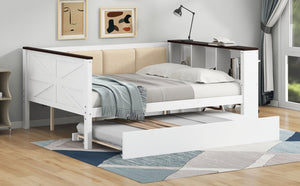 English Elm Twin Pine Wood Daybed with Trundle Upholstered Backrest Storage Shelf and Usb Port N7090002233K