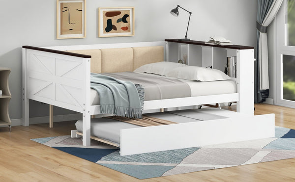 English Elm Twin Pine Wood Daybed with Trundle Upholstered Backrest Storage Shelf and Usb Port N7090002233K