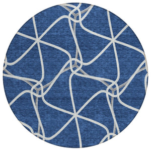 HomeRoots 5' Blue & Ivory Geometric Area Rug - Stylish, Washable Design for Indoor & Outdoor High-Traffic Spaces 8' Round 612865