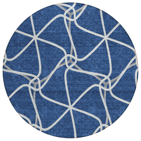 HomeRoots 5' Blue & Ivory Geometric Area Rug - Stylish, Washable Design for Indoor & Outdoor High-Traffic Spaces 8' Round 612865
