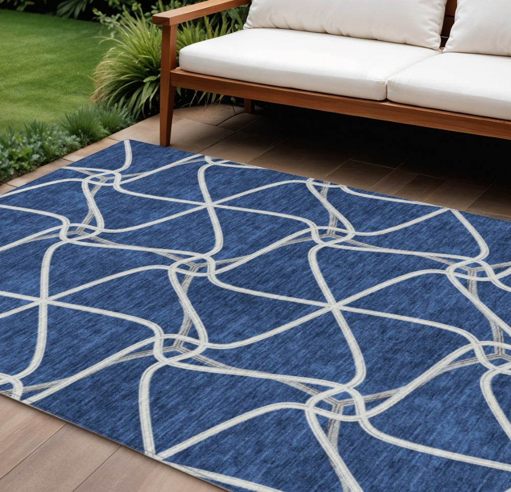 HomeRoots 5' Blue & Ivory Geometric Area Rug - Stylish, Washable Design for Indoor & Outdoor High-Traffic Spaces 8' X 10' 612866