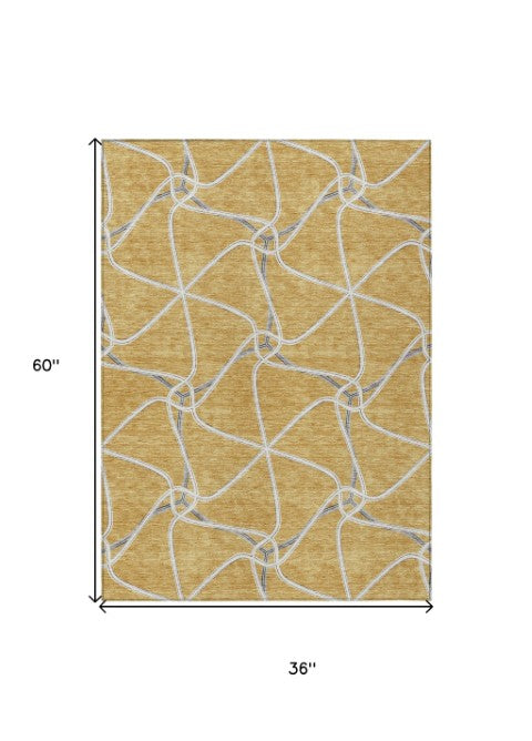 Homeroots 3' X 5' Stylish Geometric Washable Area Rug For Indoor And Outdoor Spaces – Durable & Versatile Gold Polyester 612869