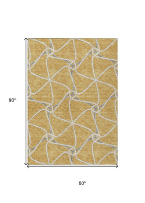 Homeroots 3' X 5' Stylish Geometric Washable Area Rug For Indoor And Outdoor Spaces – Durable & Versatile Gold Polyester 612870