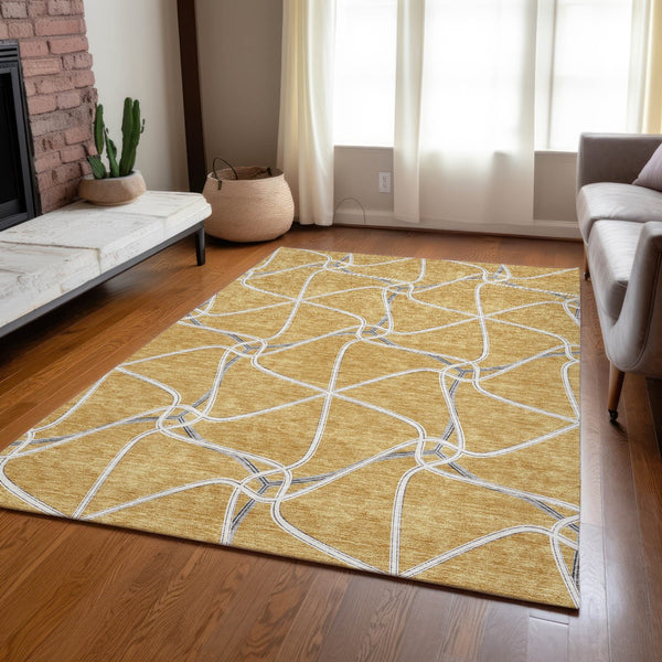 Homeroots 3' X 5' Stylish Geometric Washable Area Rug For Indoor And Outdoor Spaces – Durable & Versatile Gold Polyester 612870