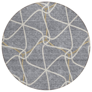 HomeRoots 5' Gray and Ivory Geometric Washable Area Rug - Durable, Stylish, Perfect for Indoor and Outdoor Use 8' Round 612877