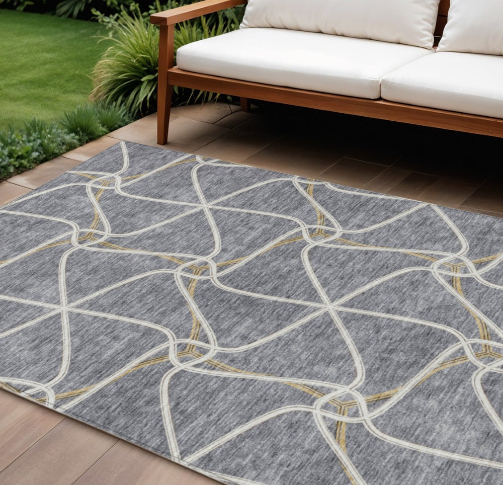HomeRoots 5' Gray and Ivory Geometric Washable Area Rug - Durable, Stylish, Perfect for Indoor and Outdoor Use 10' X 14' 612880