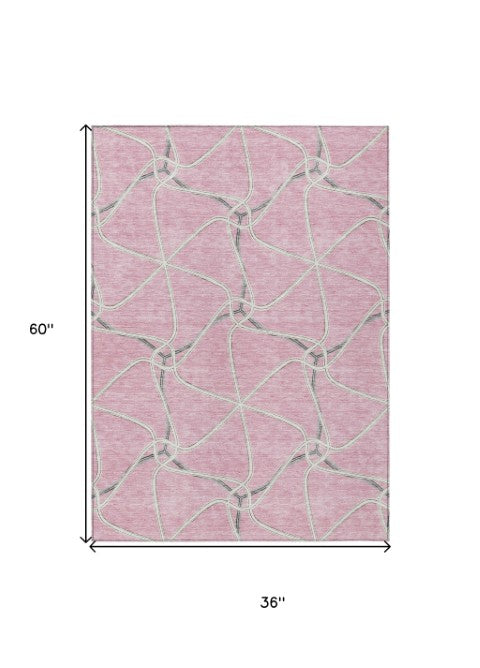 Homeroots 3' X 5' Stylish Geometric Washable Area Rug For Indoor And Outdoor Spaces – Durable & Versatile Pink Polyester 612887