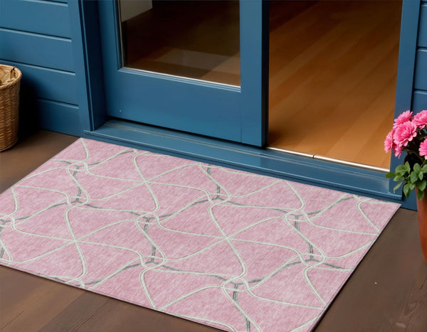 Homeroots 3' X 5' Stylish Geometric Washable Area Rug For Indoor And Outdoor Spaces – Durable & Versatile Pink Polyester 612887