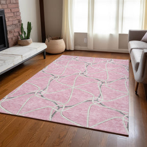 Homeroots 3' X 5' Stylish Geometric Washable Area Rug For Indoor And Outdoor Spaces – Durable & Versatile Pink Polyester 612887