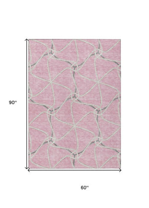 Homeroots 3' X 5' Stylish Geometric Washable Area Rug For Indoor And Outdoor Spaces – Durable & Versatile Pink Polyester 612888