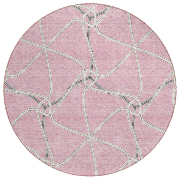 HomeRoots 5' Refresh Your Space with a Pink and Ivory Geometric Washable Area Rug for Indoor or Outdoor Use 8' Round 612889