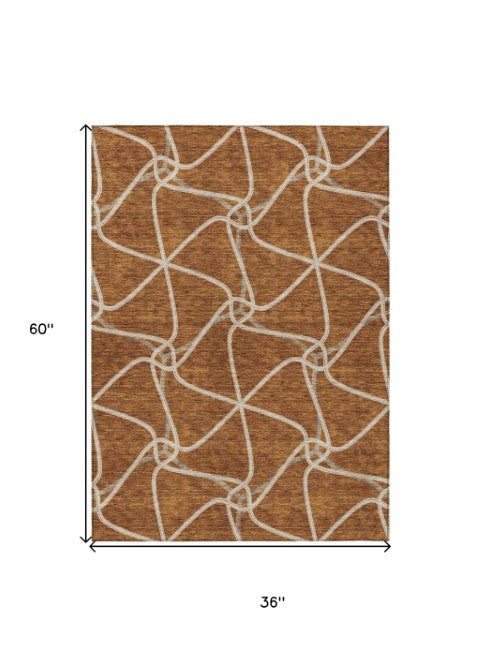 Homeroots 3' X 5' Stylish Geometric Washable Area Rug For Indoor And Outdoor Spaces – Durable & Versatile Orange Polyester 612893