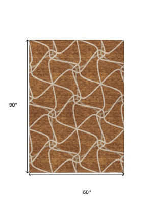 Homeroots 3' X 5' Stylish Geometric Washable Area Rug For Indoor And Outdoor Spaces – Durable & Versatile Orange Polyester 612894