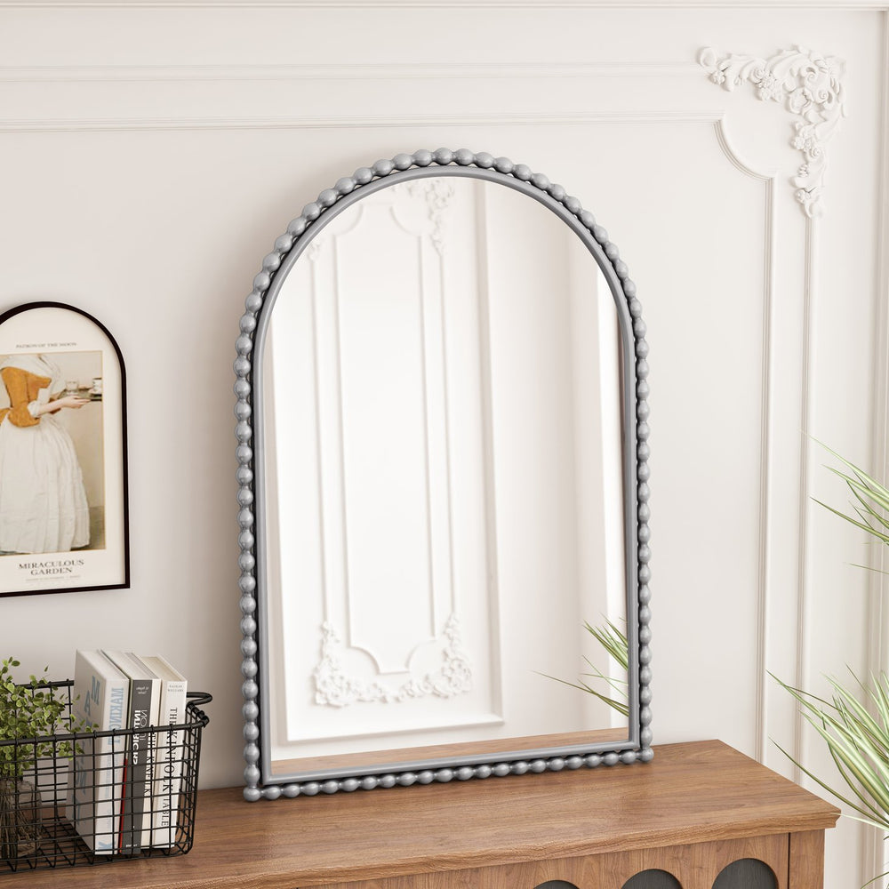 English Elm Iron Arched Vintage Vanity Mirror with Decorative Ironwork Frame for Wall or Table Display, Elegant Reflection Enhancer Silver W757P266595