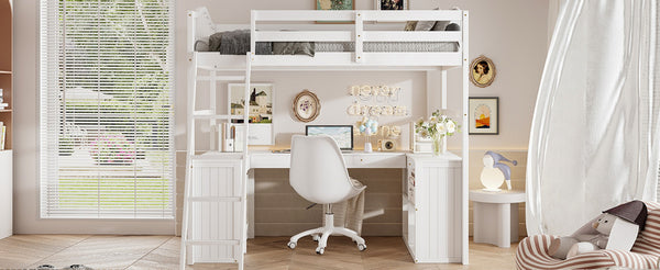 English Elm Twin Loft Bed with Desk Drawers Cabinet Shelves Solid Pine Wood White Finish LT0001505AAK-1