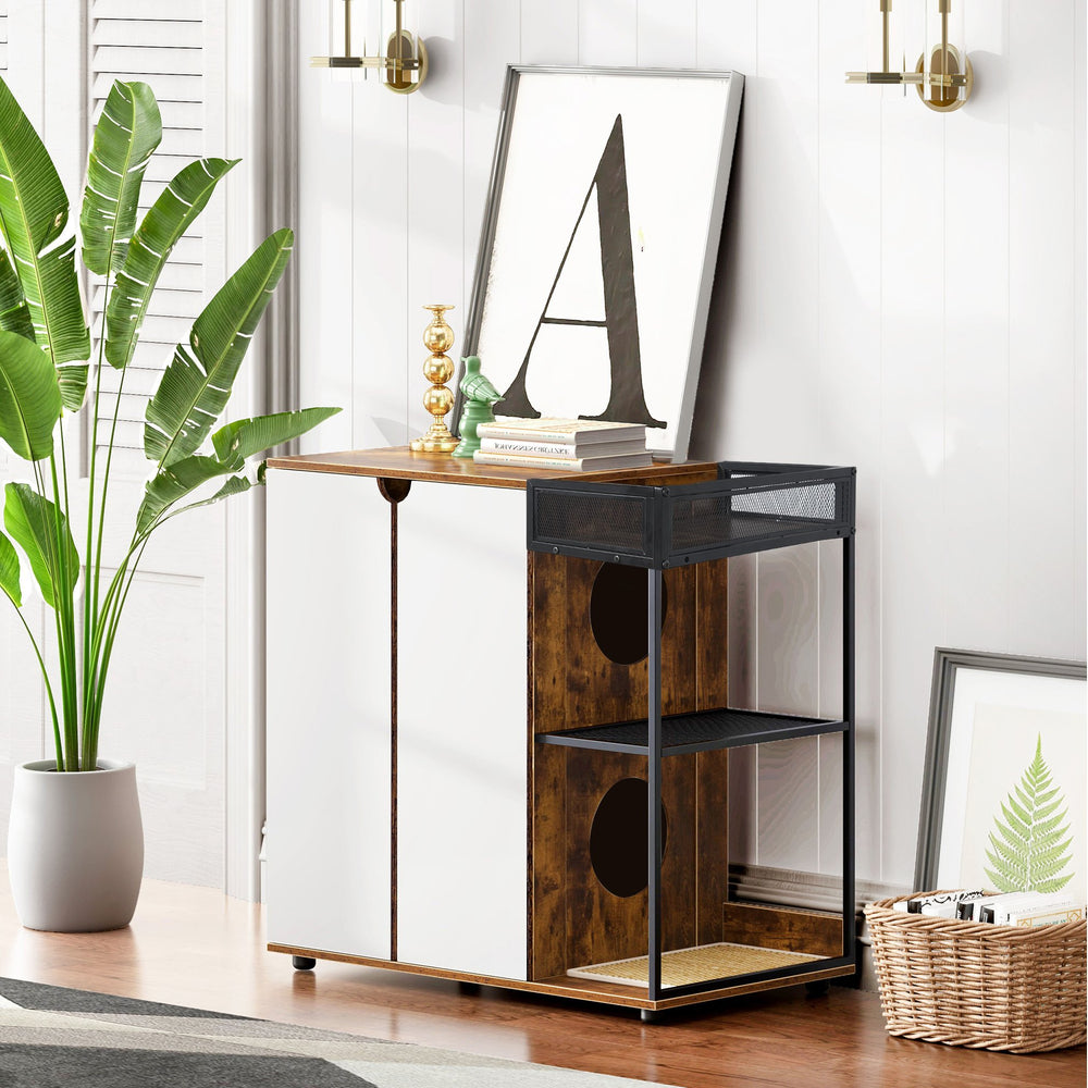 English Elm Litter Box Enclosure for 2 Cats with Ventilated Side Openings, Dual Litter Rooms, Rustic White-Walnut Cabinet W1687P170692