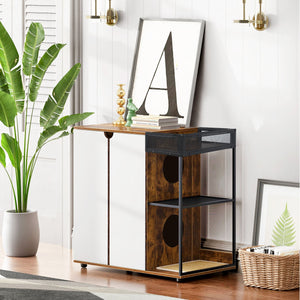 English Elm Litter Box Enclosure for 2 Cats with Ventilated Side Openings, Dual Litter Rooms, Rustic White-Walnut Cabinet W1687P170692