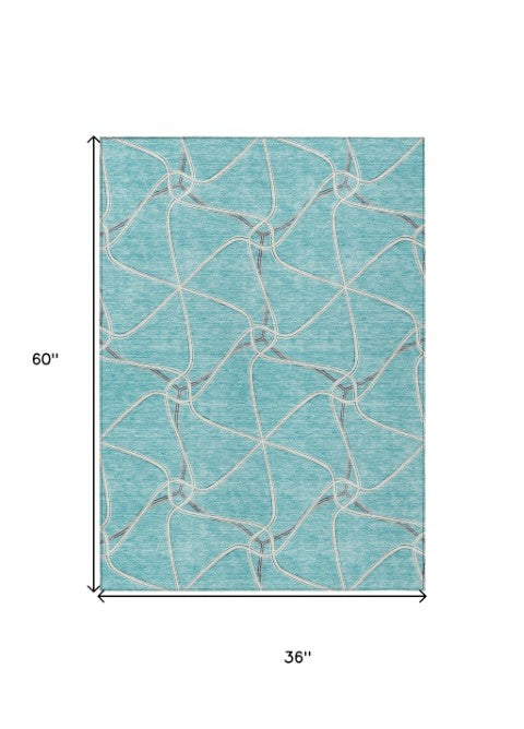 Homeroots 3' X 5' Stylish Geometric Washable Area Rug For Indoor And Outdoor Spaces – Durable & Versatile Teal Blue Polyester 612905