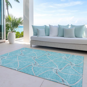 Homeroots 3' X 5' Stylish Geometric Washable Area Rug For Indoor And Outdoor Spaces – Durable & Versatile Teal Blue Polyester 612905