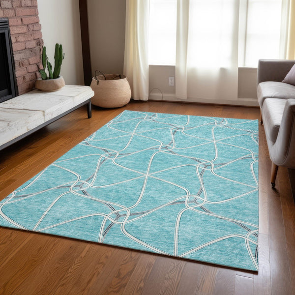 Homeroots 3' X 5' Stylish Geometric Washable Area Rug For Indoor And Outdoor Spaces – Durable & Versatile Teal Blue Polyester 612905
