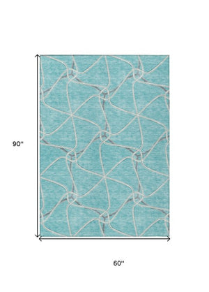 Homeroots 3' X 5' Stylish Geometric Washable Area Rug For Indoor And Outdoor Spaces – Durable & Versatile Teal Blue Polyester 612906