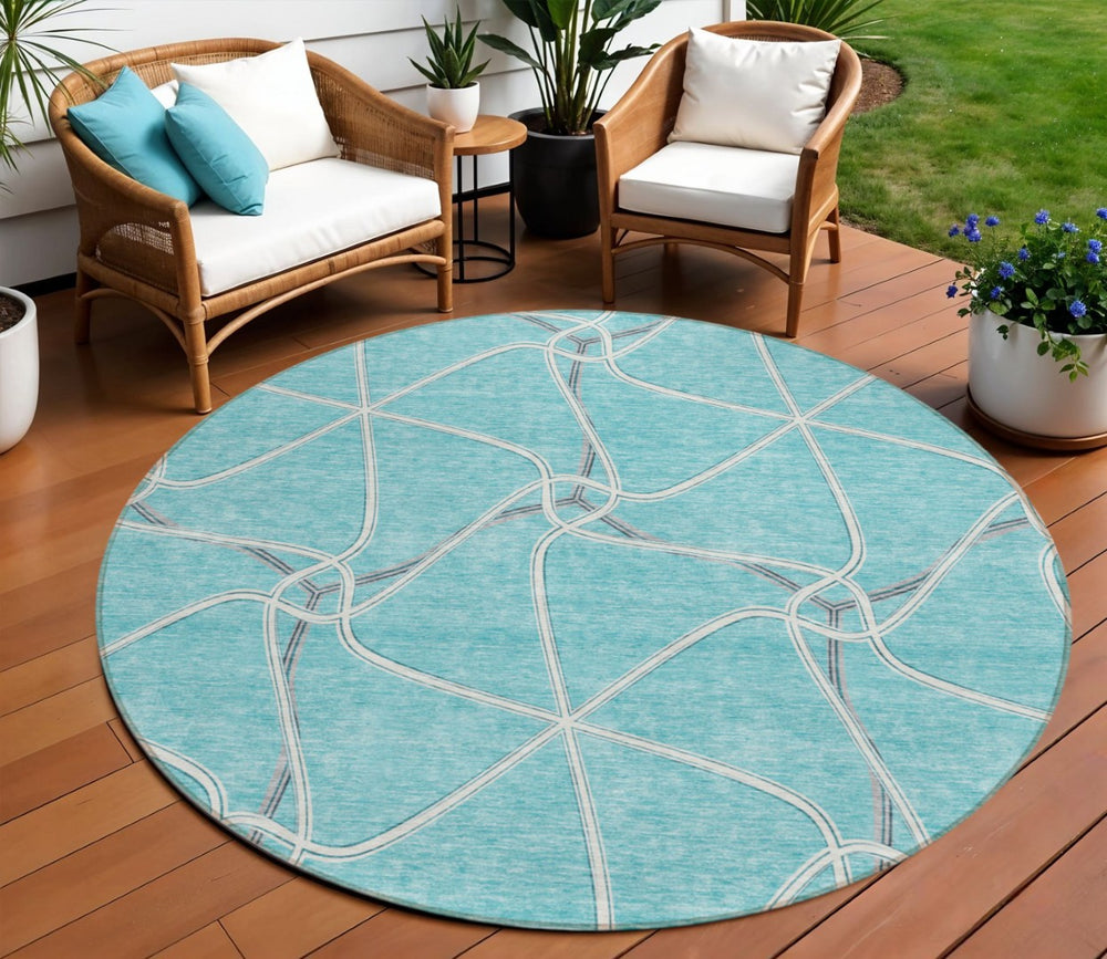 HomeRoots 5' Modern Teal Blue and Ivory Geometric Area Rug – Durable, Washable Indoor/Outdoor Floor Covering 8' Round 612907