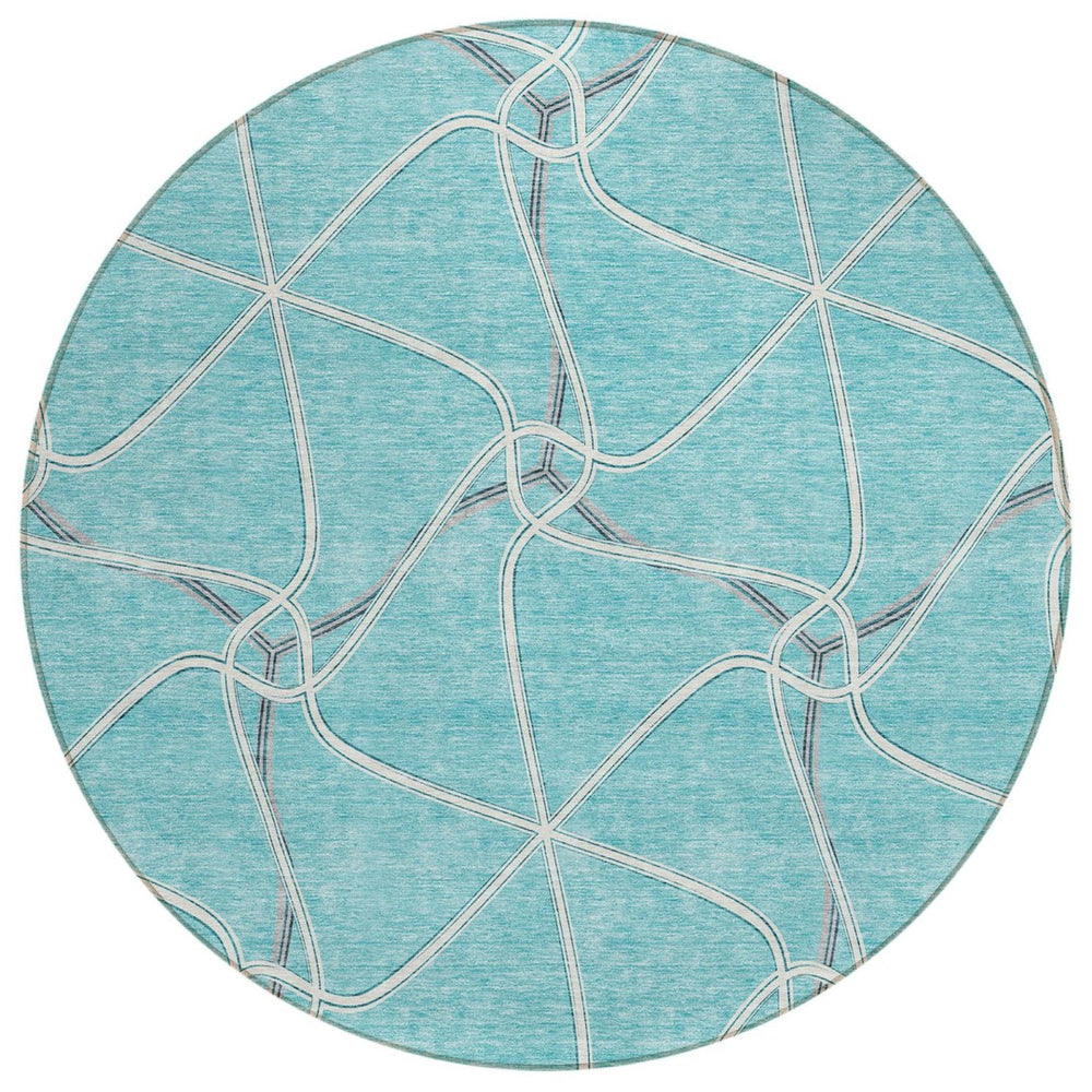 HomeRoots 5' Modern Teal Blue and Ivory Geometric Area Rug – Durable, Washable Indoor/Outdoor Floor Covering 8' Round 612907
