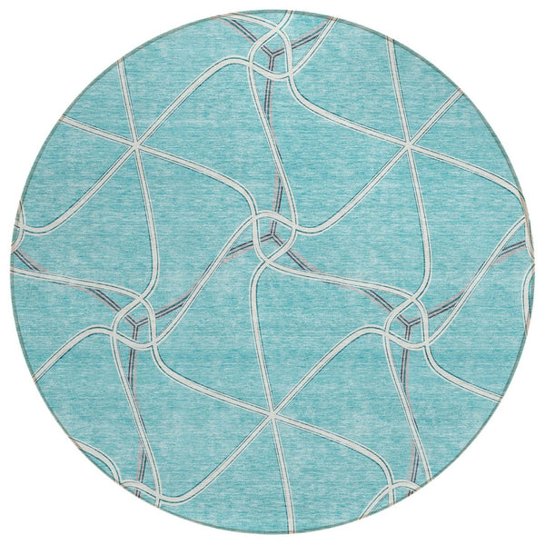 HomeRoots 5' Modern Teal Blue and Ivory Geometric Area Rug – Durable, Washable Indoor/Outdoor Floor Covering 8' Round 612907