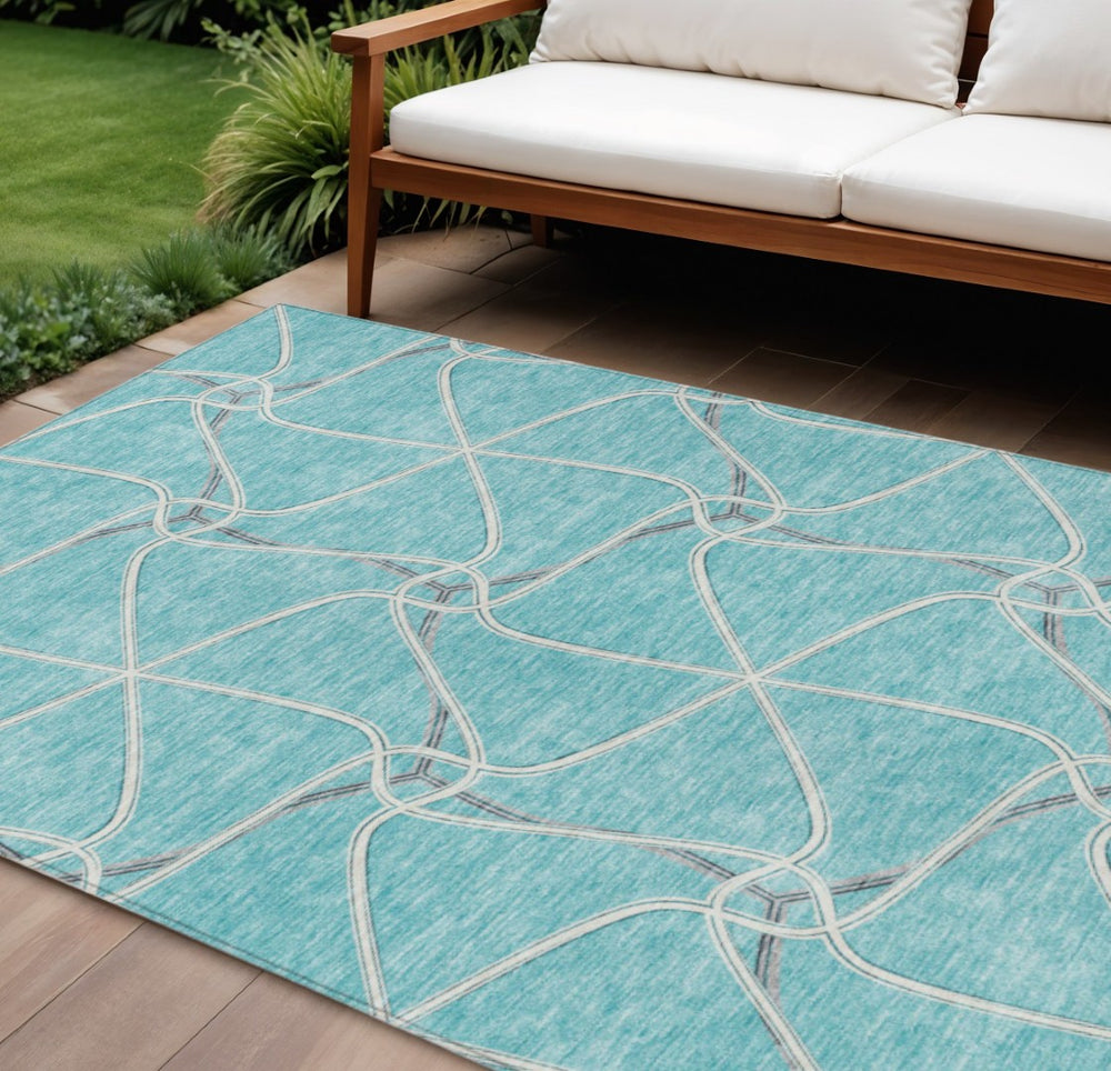 HomeRoots 9' X 12' Teal Blue and Ivory Geometric Area Rug - Stylish, Durable, Machine Washable for Indoor/Outdoor Use 612909