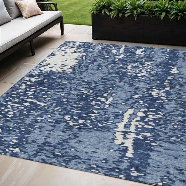 Homeroots 3' Abstract Washable Indoor Outdoor Rug - Durable, Stain Resistant, Versatile For Any Space! Denim Blue Polyester 612930