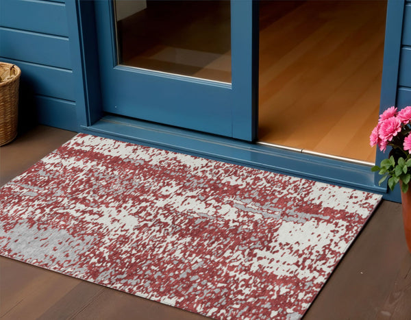 Homeroots 3' Abstract Washable Indoor Outdoor Rug - Durable, Stain Resistant, Versatile For Any Space! Burgundy Polyester 612941