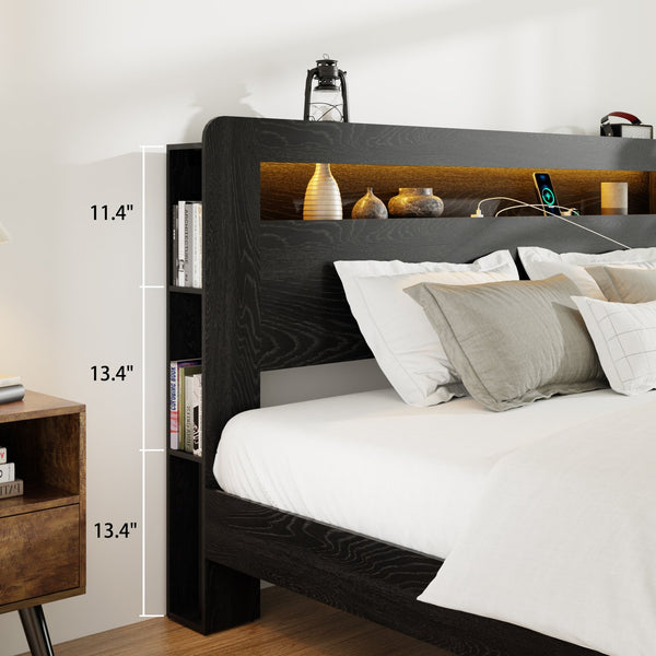 English Elm Bed Frame King Size - Stylish Wood Platform With Led Headboard, Usb Ports & Ample Storage Space! W636P265356
