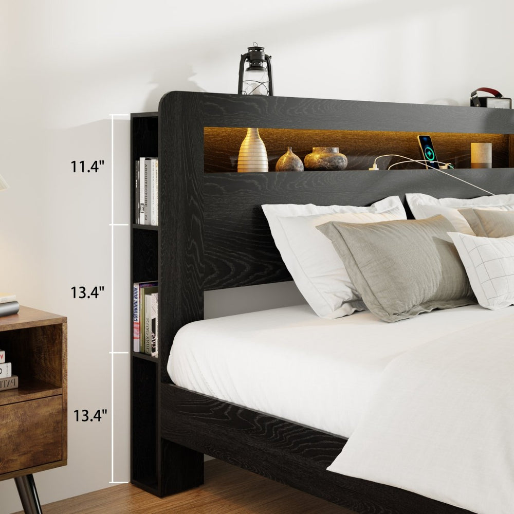 English Elm Bed Queen Platform Wood Frame Led Headboard Usb Charging Under Storage Modern W636P318040