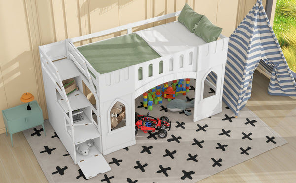 English Elm Twin Loft Bed with Storage Staircase and Window — Pinewood Modern Space-Saving Kids' Play & Sleep Loft White GX000727AAK