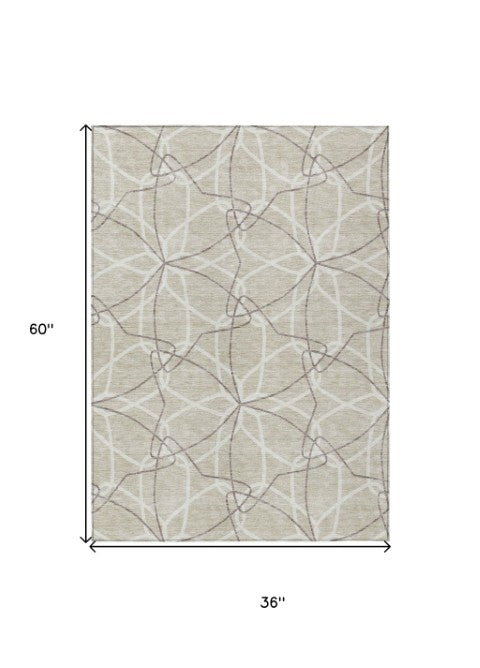 Homeroots 3' Geometric Washable Area Rug For Indoor & Outdoor Use - Stylish & Durable For High Traffic Areas Beige Polyester 612983
