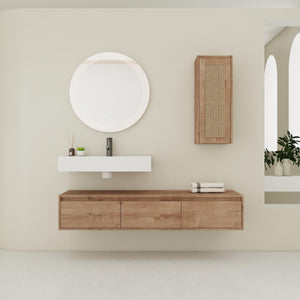 English Elm 60 Inch Wall-Mounted Bathroom Vanity Set With Resin Sink, Soft-Close Drawers & Side Cabinet Storage W999S00357