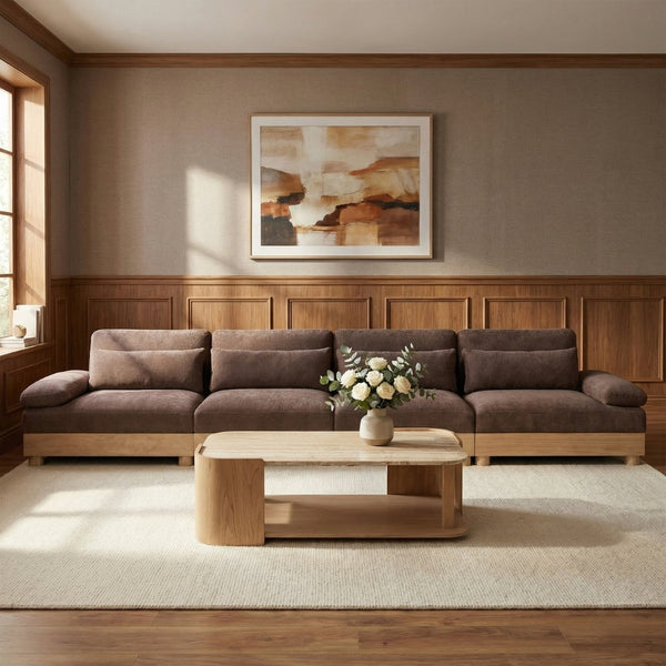 Meridian Furniture Turin Four Piece Modular Sectional Plush Chenille Low Profile Art Deco Living Room Sofa 612Brown-S4A