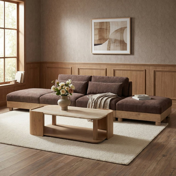 Meridian Furniture Turin Four Piece Modular Sofa Plush Chenille Upholstery Oak Frame Art Deco Living 612Brown-S4C