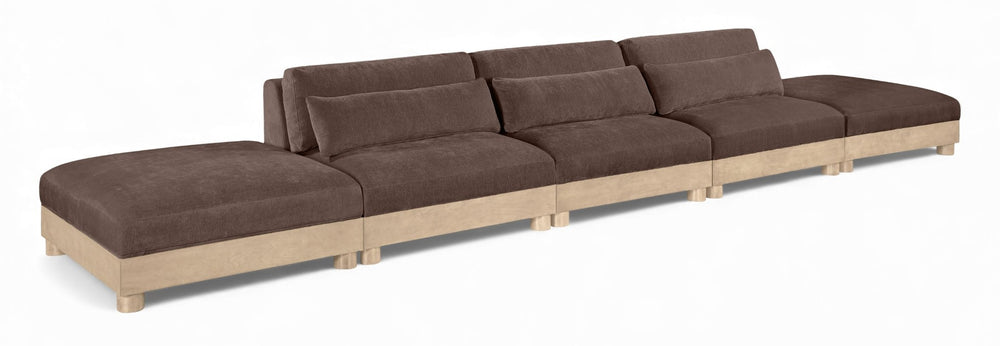 Meridian Furniture Turin Five Piece Modular Sectional Chenille Upholstered Low Profile Art Deco Sofa 612Brown-S5A