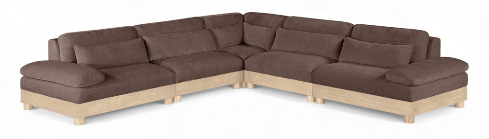 Meridian Furniture Turin Five Piece Chenille Modular Sectional with Oak Legs for Modern Living Rooms 612Brown-Sec5B