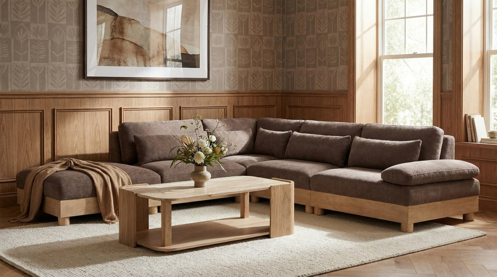 Meridian Furniture Turin Five Piece Modular Sectional Plush Chenille Art Deco Living Room Sofa Set 612Brown-Sec5D
