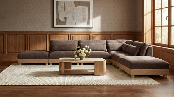 Meridian Furniture Turin Six Piece Chenille Modular Sectional with Oak Legs Art Deco Living Room Sofa 612Brown-Sec6B